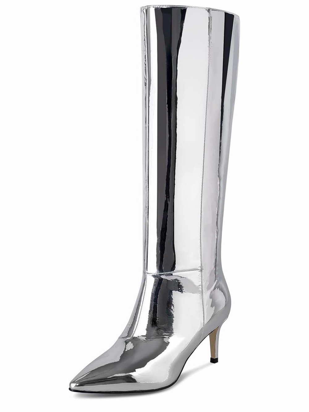 Women's Silver Knee-High Pointed-Toe Kitten Heel Boot 9.5